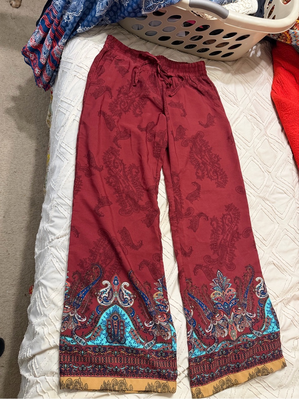 BeBop Maroon Wide-Leg Paisley Pants with Teal & Gold Hem